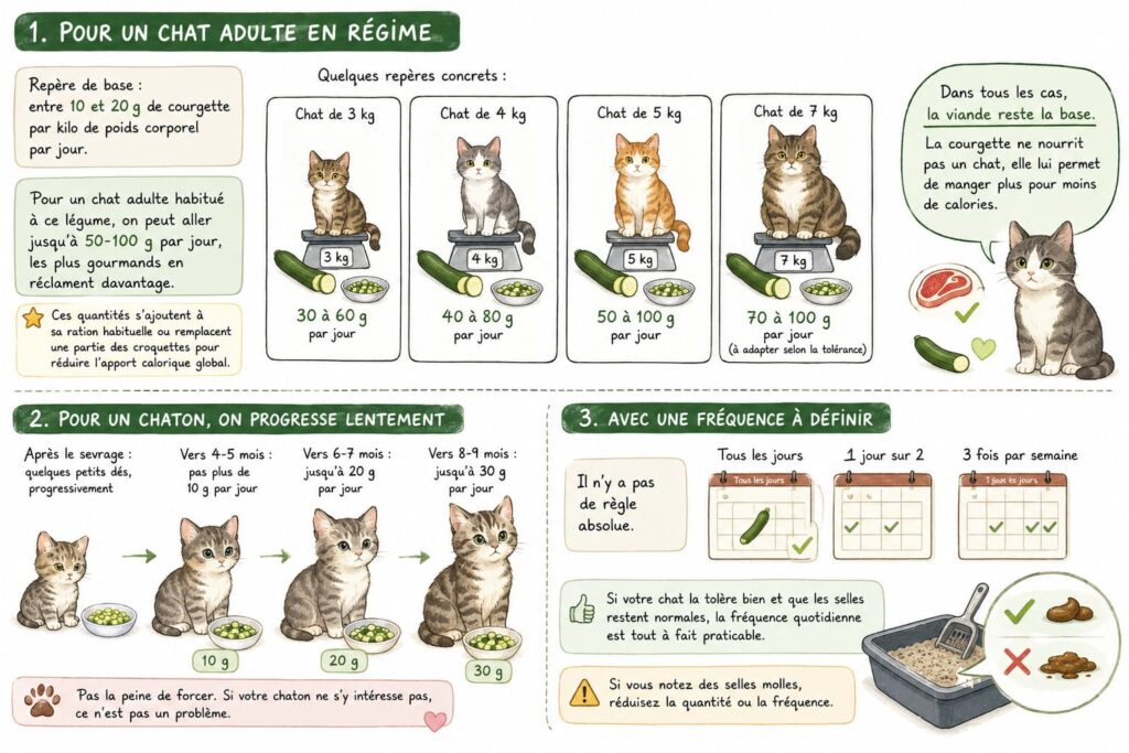 Illustration des quantités de courgette recommandées pour un chat au régime selon son poids et son âge, avec fréquence et conseils d’introduction de la courgette chez le chat et le chaton.